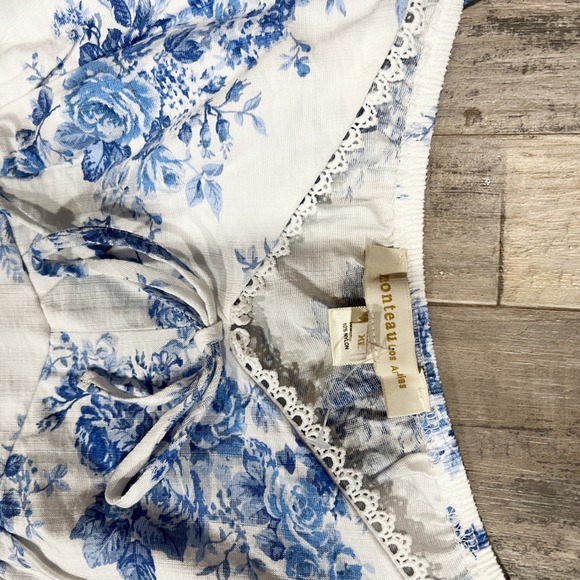 Monteau Los Angeles Blue Floral Toile Puff Sleeve Crop Top XL Sweetheart Lace - Picture 2 of 8